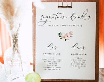 Pink hydrangea Signature Drinks Menu blush wedding his and hers cocktail menu sign magnolia signature drinks printable, instant download 116