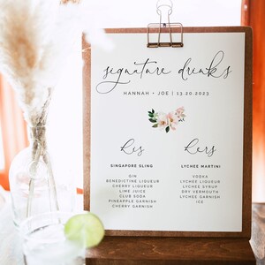 Pink hydrangea Signature Drinks Menu blush wedding his and hers cocktail menu sign magnolia signature drinks printable, instant download 116