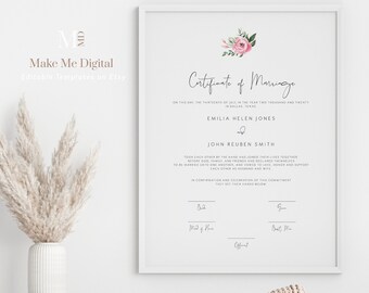 Pink Peony Marriage Certificate Template, Floral Marriage Certificate Printable, Peony Marriage Certificate Keepsake Download 124