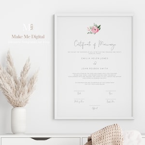 Plantilla de certificado de matrimonio con peonía rosa, certificado de matrimonio con flores para imprimir, certificado de matrimonio con peonía como recuerdo para descargar 124