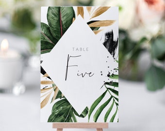 Tropical table Number Template Printable Wedding Table Number palm leaf banana leaf Table Numbers Editable PDF Instant Download 119
