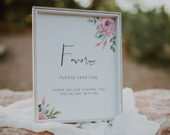 Pink Peony Favors Sign, summer bridal shower favors sign, Elegant Floral please take one favors sign, Instant Download, Editable 124