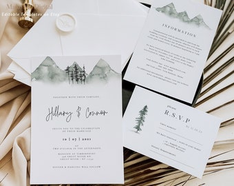 May include: Wedding invitation suite with a watercolor mountain design. The invitation features the names "Hillary & Connor" and event details. Includes RSVP and information cards, all with a similar aesthetic.