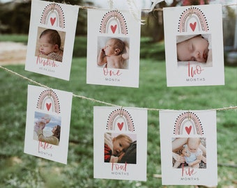 May include: A set of six pink and white rainbow-themed cards with photos of a baby at different ages. The cards are decorated with black dots and a pink heart. The text on the cards reads "Newborn", "One Month", "Two Months", "Three Months", "Four Months", and "Five Months".