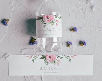 Fully Editable Wedding Favor Floral Printable Custom Label Floral Bridal Shower Favor P300 Peony Water Bottle Label Template