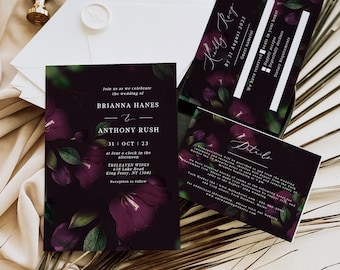May include: A dark purple and green floral wedding invitation with the text "Join us as we celebrate the wedding of Brianna Hanes & Anthony Rush 31 Oct 23 at four o'clock in the afternoon Treleaven Wines 658 Lake Road King Ferry, NY 13081 Reception to follow" and a floral design with a dark purple background.