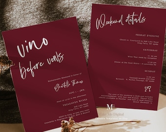 Burgundy Vino before Vows Bachelorette party Invitation, Festive Printable invite Christmas wine themed napa valley bach girls weekend RED1