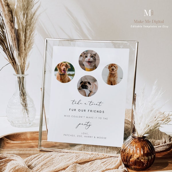 4 pet Personalised Pet Party Favor Wedding Sign,  Modern Wedding dog treat sign, Instant Download, add your own photo editable template 110