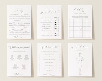 May include: A set of printable bridal shower games with black and white text. The games include "Love Story", "Guess Who Said It", "Bridal Bingo", "What's in Your Purse", "Would She Rather", and "Guess the Dress".