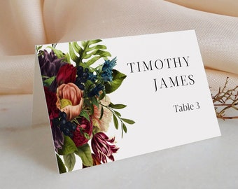 Moody Floral Wedding Place Cards Burgundy floral Wedding Name Cards Editable Template Instant Download Flat Folded Printable Place Cards 105
