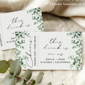 Modello di biglietto per drink di nozze Green Eucalyptus, buono per drink di nozze Greenery, biglietto per drink per matrimonio, biglietto per drink stampabile all'istante 127