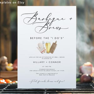 May include: A white invitation card with black calligraphy text that reads "Barbeque + Brews Before the 'I Do's'"  The invitation is for a barbecue and brews party in honor of Hillary and Connor. The party will be held at the Connor Residence at 2:00 PM. The address is 398 Great River Rd, Great River, NY 11739. The couple is registered at Bed, Bath & Beyond. The invitation ends with the text "Food, friends, brews and fun!"