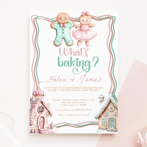 Invitación navideña para revelar el género: tema de pan de jengibre para niño o niña, plantilla para bebé de vacaciones en rosa y menta, descarga instantánea