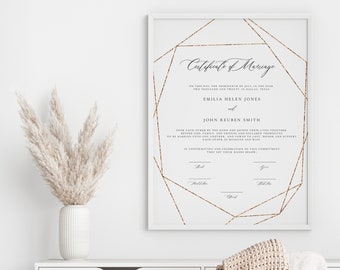 Glitter Copper Geometric Marriage Certificate, Industrial copper certificate sign, glamorous copper editable marriage certificate keepsake
