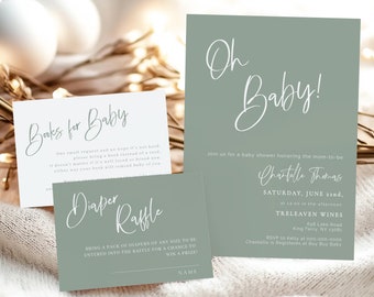 Sage Blue Baby Shower Invite set, Sage Blue Green Baby Shower invitation, Printable Shower Invitation evite, Modern Boho shower Editable