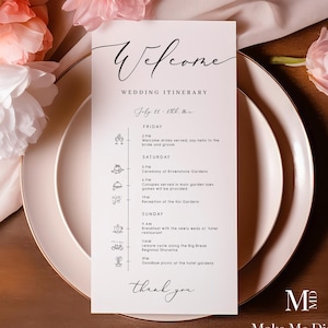 Plantilla elegante de carta de bienvenida para bodas, plantilla imprimible de carta de bienvenida, carta moderna para bolsa de bienvenida, itinerario de boda con nota de bienvenida 110