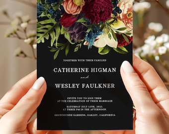 Dark moody floral wedding invitation, gothic burgundy floral wedding invite, dark burgundy wedding invitation, instant download, 105