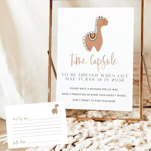Boho Regenbogen Lama Zeitkapsel Vorlage, Boho Alpaka Babyparty Zeitkapsel Karte druckbar, Terrakotta Lama Dusche Andenken bearbeitbar