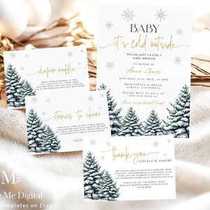 Lot d'invitations pour bébé il fait froid à l'extérieur, arbres enneigés Evite, modèle de bébé de vacances pinède, téléchargement immédiat invitation de Noël fantaisiste