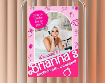 Kultige Modepuppe Bachelorette Wochenende Willkommensschild, Hot Pink Barb Henne Zeichen zum Ausdrucken, bearbeitbar, komm schon, lass uns Party machen bachelorette DX