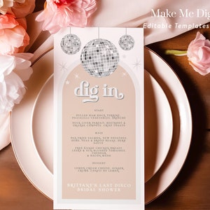 Disco Diva Menü Brautparty, Silberglitzer Retro Abendmenu Printable, bearbeitbar Bogen Diskokugel 70er Mittagsmenü Junggesellinnenabschied Hippie DX