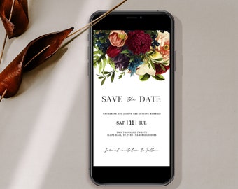 Burgundy & white floral wedding save the date evite burgundy fall wedding burgundy save the date electronic invitation instant download 105