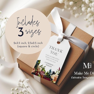 Etiquetas de agradecimiento en color burdeos, etiquetas de regalo de boda con motivos florales, etiquetas imprimibles, etiquetas cuadradas, etiquetas de agradecimiento, etiquetas de regalo editables en tonos joya 105