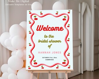 Cherry Valentine Bridal Shower Welcome Sign template, Red cherry retro Valentines Day party large sign wavy border Instant Download VX1