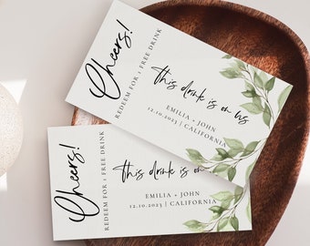 Greenery Wedding Drinks Coupon, Editable this drink is on us Card Template green leaf Flat Printable drinks ticket botanical garden 134