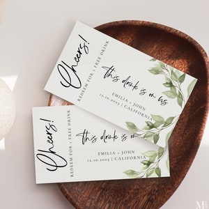 Cupón de bebidas para bodas con vegetación, editable, esta bebida corre por nuestra cuenta, plantilla de tarjeta, boleto de bebidas imprimible plano de hoja verde, jardín botánico 134