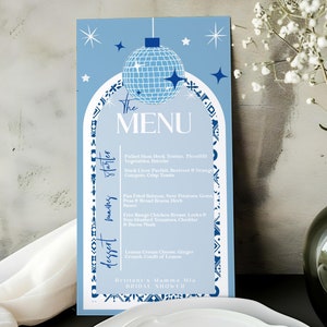 Blue Tile Mamma Mia Hen Party MENU, Musikalisches Bach-Abendessen-Mittagsmenü zum Ausdrucken, bearbeitbare griechische Disco blaue Fliese Santorini Thema Hühner