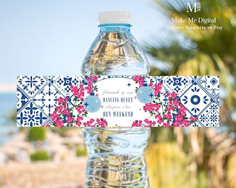 Tanzende Königin Hen Party Wasserflaschenetikett, griechische Mamma druckbare Flaschenetiketten, bearbeitbare mia Theaterfilm-Brautaufkleber Hennewochenende