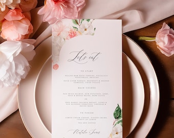 Modèle de menu de mariage pivoine et rose | Menu de mariage rose et blanc modifiable dans un jardin printanier | modèle de menu de dîner de mariage imprimable 129