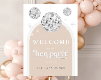 Disco Ball Diva Hen Party Welcome Sign, Silver glitter festival hen do easel sign printable, editable arch bachelorette large foam poster DX