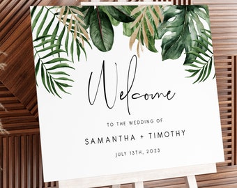 Editable Tropical welcome sign Template, wedding welcome sign, Printable Monstera Large Wedding sign Palm Editable summer welcome sign 119