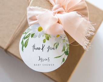 Daisy Baby Shower Favor Tag, White Daisy circle Tag,  Printable square tag, shower gift Tag Editable baby shower Thank you Tag Gift Tags 121