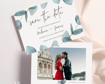 Blue Eucalyptus Save the Date Template, Wedding Save The Date Greenery Foliage, Printable modern dusty blue Invite, digital download 113