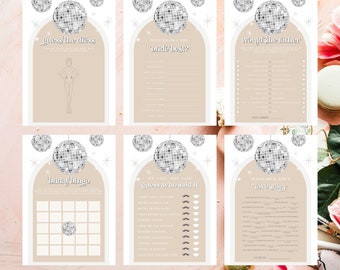 Disco Ball Diva Bridal Shower Games, Silver glitter festival hen do game bundle printable, editable arch bridal bingo who knows the bride DX