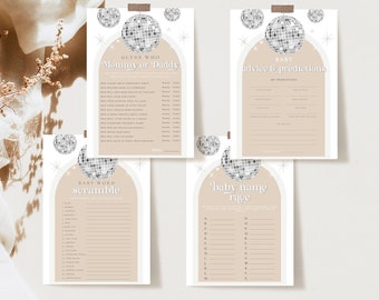 Disco Ball Diva Baby Shower Games, Silver glitter festival baby sprinkle game bundle printable, editable arch name race mommy and daddy DX