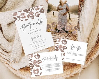 Leopard Print Baby Shower Invitation set, Boho Brown spots born to be wild baby shower, animal spots print, leopard print bundle invite