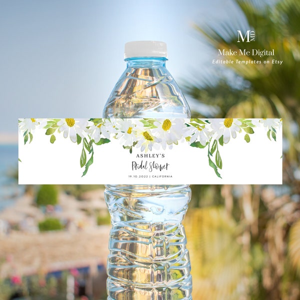 White Daisy Bridal Shower Water Bottle Label, elegant white daisy shower label printable, INSTANT DOWNLOAD, Printable Label  Editable 121