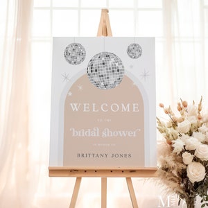 Disco Ball Diva Bridal Shower Welcome Sign, Silver glitter festival hen do easel sign printable, editable arch bridal large foam sign DX