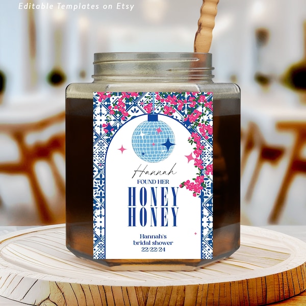 Honey Honey Bridal Shower Jar labels, Greek Mamma favor sticker printable, editable mia theatre movie honey jar label favors pink and blue