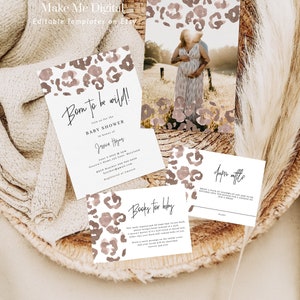 Leopardenmuster-Babyparty-Einladungsset, Boho Braune Flecken, geboren, um wild zu sein Babyparty, Tierflecken drucken, Leopardenmuster-Bundle einladen