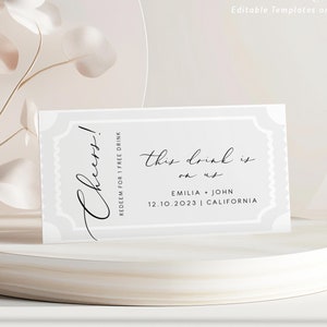 Plantilla elegante de boletos para bebidas de boda, cupón de bebida de boda moderno, boletos para bebidas para bodas, boletos para bebidas imprimibles al instante 110