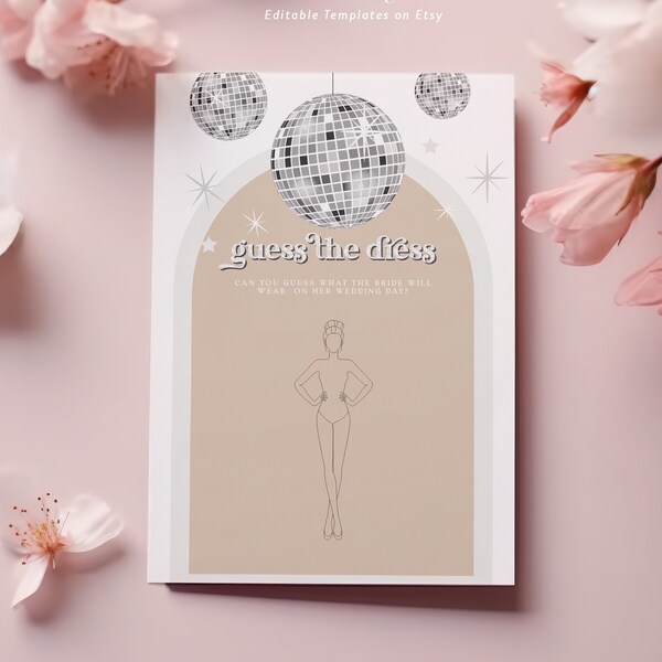 Disco Ball Diva Bridal Shower Games, Silver glitter festival hen guess the dress printable, editable arch draw the dress what will bride DX