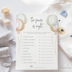 Blue and Pink Balloon Gender Reveal the price is right Baby Shower game activity Template, Delicate Printable boy or girl, balloon garland