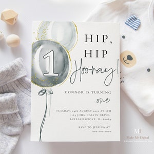 Blue Balloon First Birthday Invitation, Delicate Blue boy first Birthday invitation Hip hip hooray 1st birthday invite, blue balloon garland