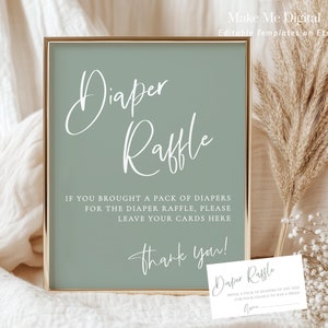 Sage Blue Diaper Raffle Cards and Sign, Sage Blue Green Baby Shower raffle game sign, Printable Shower sign, Modern Boho shower Editable