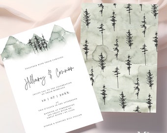 Mountain Wedding Invitation, Watercolor pine wedding invitation printable, mountain pine rocky cliffs outdoor editable wedding invite green